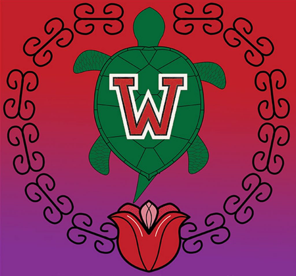Turtle with a red "W" on its back surrounded by a red flower and ornamental border over colorful gradient background
