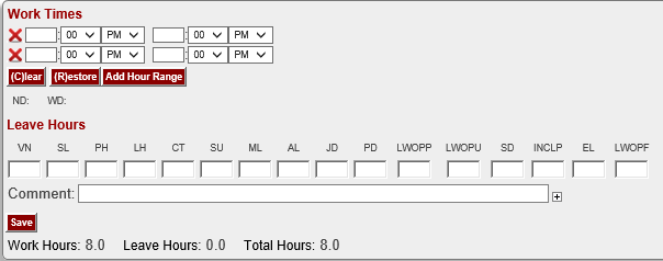 Screen shot of TIme Tracking screen for University Staff. See the new "LWOPF" code at the far right, beneath "Leave Hours"