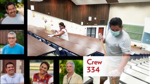 Photo of custodial crew working. Five headshot photos of smiling crew members. "Crew 344" lettering
