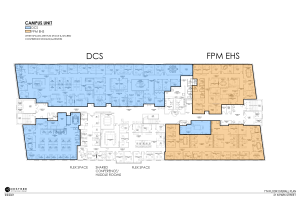 Seventh floor plan with DCS shaded in blue and EH&S shaded in orange