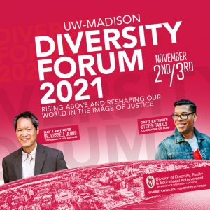 "Diversity Forum 2021" promotional image with detailed text and photos of two presenters smiling