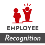 icon: person looking up at another person on stage and as they celebrate with arms raised. Text reads: "EMPLOYEE Recognition"