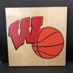 square cut wooden plaque with a UW-Madison "motion W" logo side-by-side with an orange basketball icon