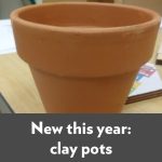 "new this year: clay pots" lettering overlaid on photo of a brown clay pot