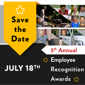 "Save the Date: JULY 18TH | 5th Annual Employee Recognition Awards" text overlaid on photos of employees smiling and working with yellow star banner