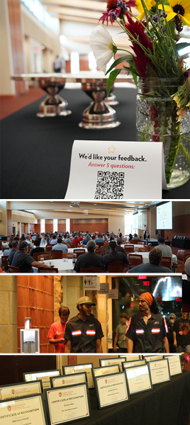Photo collage featuring four photos of an indoor event held in a banquet hall, with flowers in a jar, table tents asking for feedback, people walking in a hallway and seated at tables watching a speaker and large projection screens, and many framed certificates on a long table