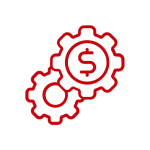 line icon: two gears connected with dollar sign inside one